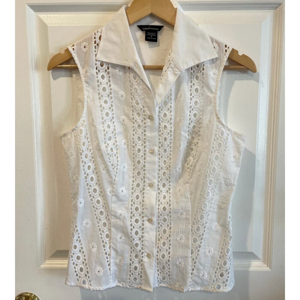 Vintage Moda International White Eyelet Sleeveless Cotton Blouse Y2K Size Small